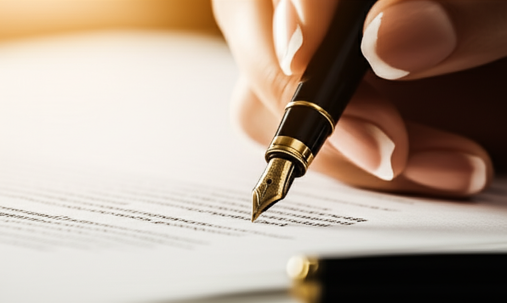 Close-up of hand signing contract with elegant pen